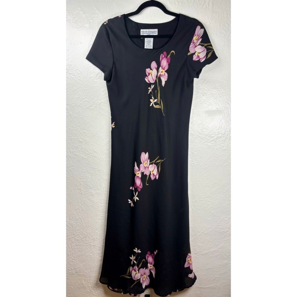 Jessica‎ Howard Black Pink Floral Orchid Midi Dress Short Sleeve Size 12P